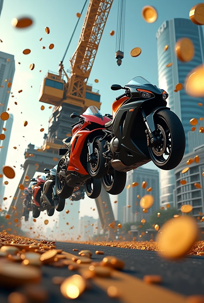 A crane at full speed, towing motorcycles, with coins in the air.