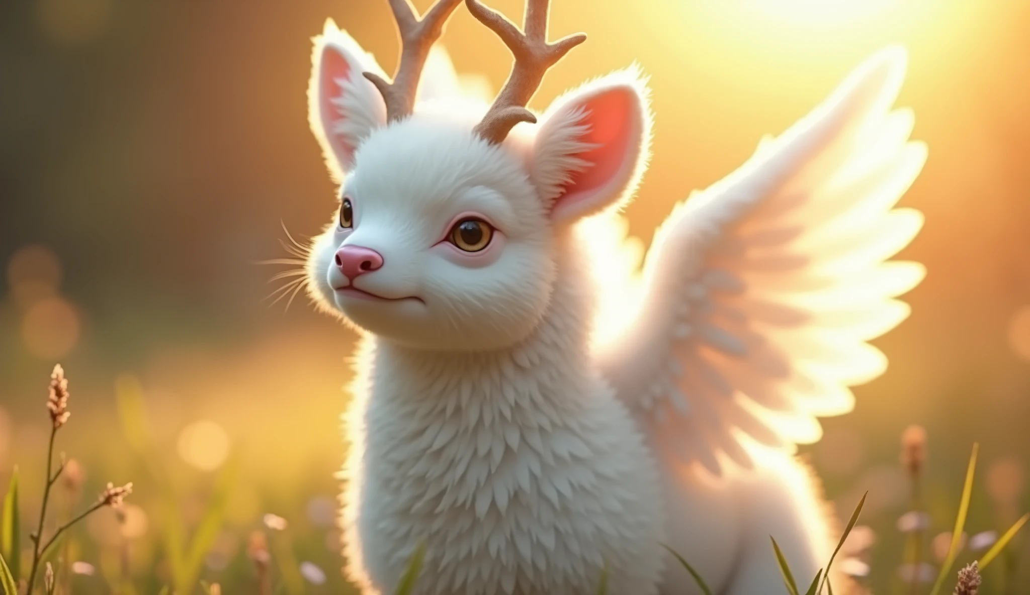 4 Her hangi bir hayvan, 32K UHD, warm tone, afternoon sunlight, white fur, pink snout, antlers, white wings