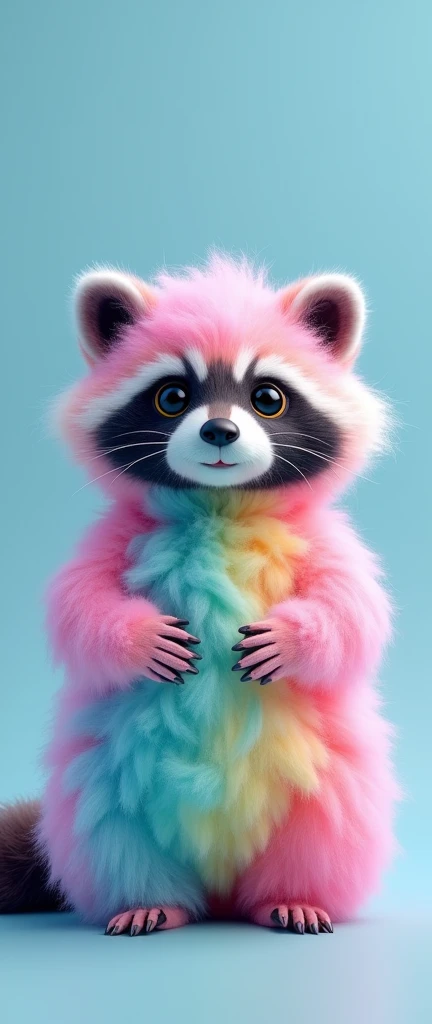 A captivating photograph of a cute extra fluffy baby realistic raccoon text "caro", smiling RACOON made of fluffy rainbow cotton candy, pale blue background, vibrant, 3d render, typography
