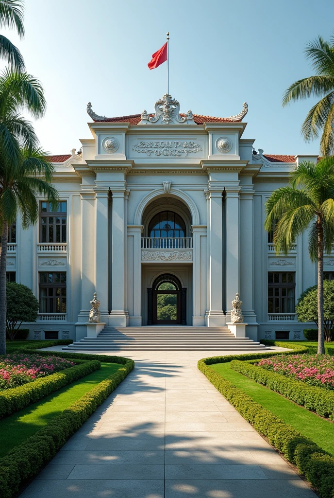Create a very big headquarters with Singaporean architecture.The words EXECUTIVE DOCKET exposed the compound has a driveway grass and flowers neatly organized no trees I can't see the words Executive Docket on the concrete I want to see the words I want to see the words