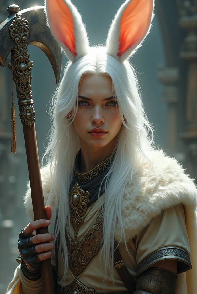 young guy, Beautiful face, long white hair, with white rabbit ears, with a big beautiful sickle, in ancient armor, Art, 