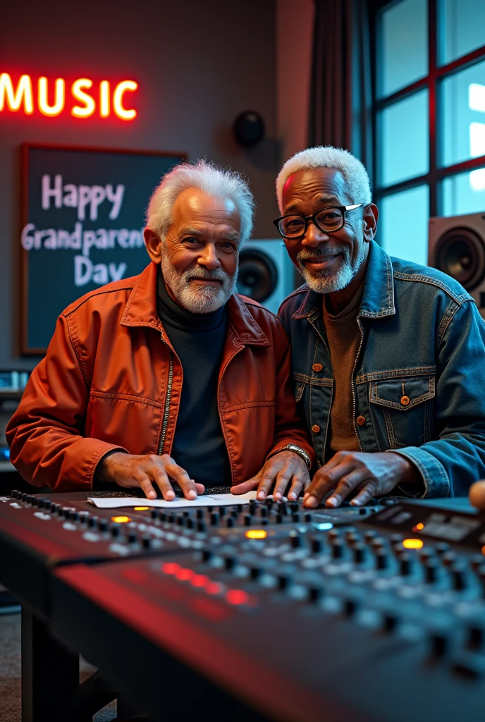 Hip hop grandparents couple in recording studio called fuga music with lyrics saying “happy grandparents day” sign saying “fuga music”
