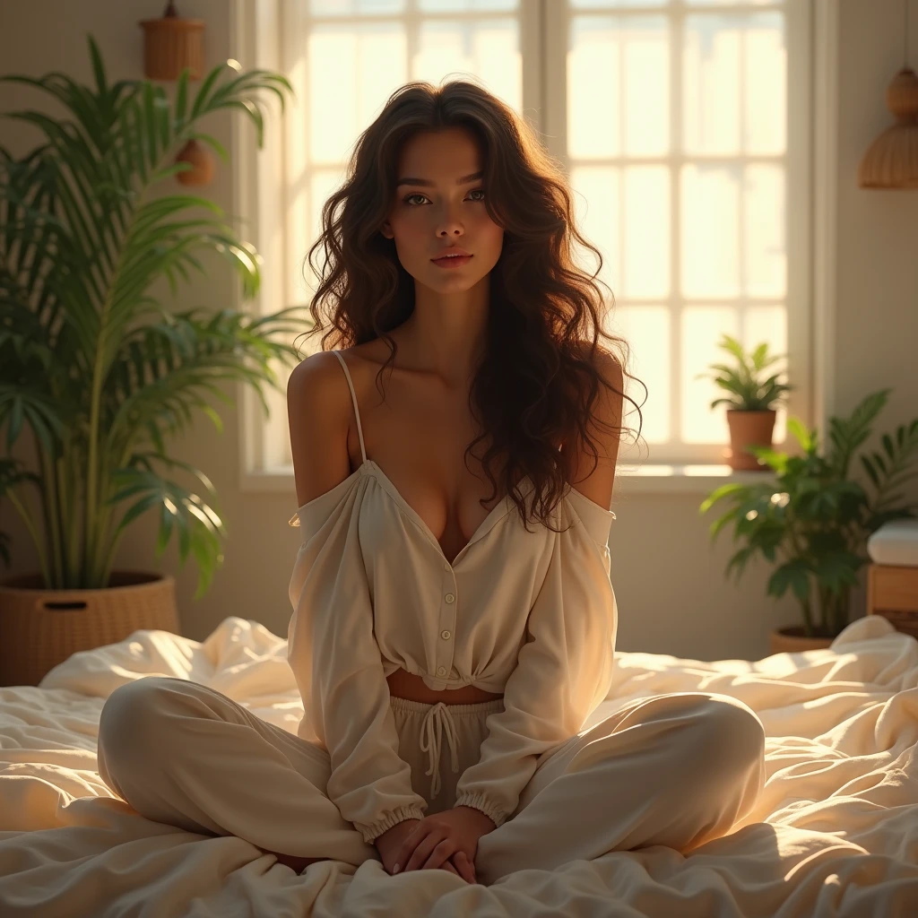 (photorealism:1.2), beautiful woman, sitting on bed, wearing loose off-shoulder top, pajama pants, long curly hair, indoors, soft lighting, plants in background, window with sunlight, cozy room, relaxed pose, realistic, intricate details, warm colors, by Greg Rutkowski, by Alphonse Mucha