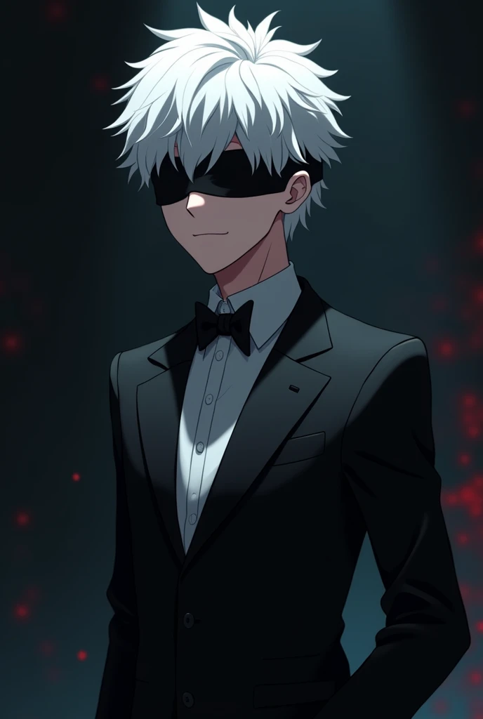 20 years old animated boy wearing black tuxedo, black blindfold with white hair like gojo in dark background 