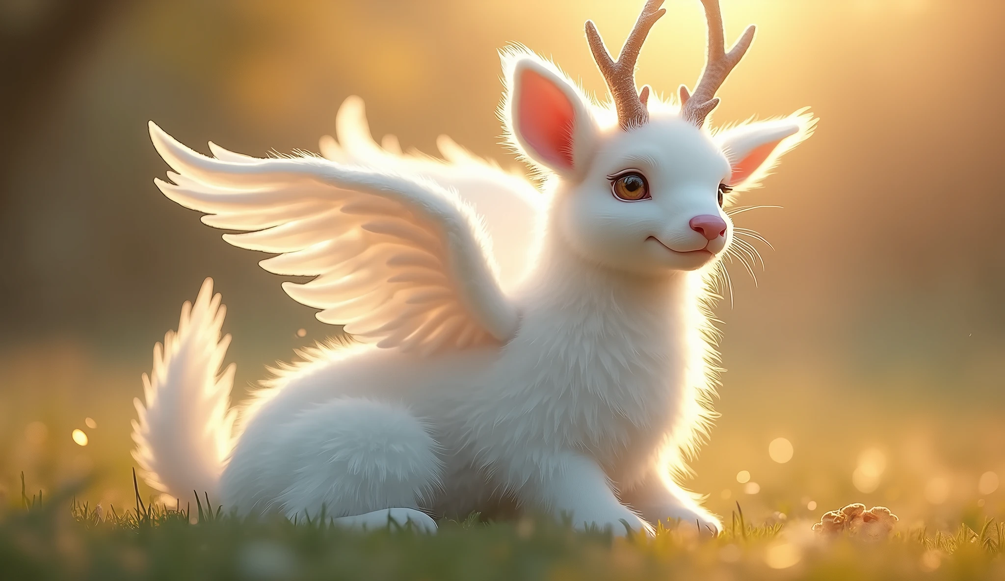 4 Her hangi bir hayvan, 32K UHD, warm tone, afternoon sunlight, white fur, pink snout, antlers, white wings
