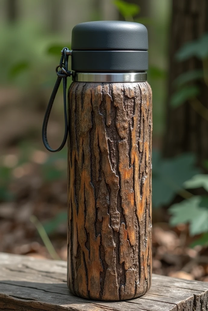 I created an image of a thermos shaped like the texture of a tree bark