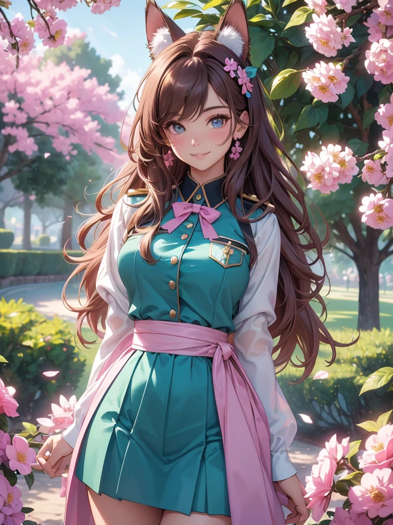 (best quality,4k,8k,highres,masterpiece:1.2),ultra-detailed,(realistic,photorealistic,photo-realistic:1.37),acrylic painting,beautiful Brazilian model in a uniform outfit with downy hair,beautiful Brazilian model with extremely colorful brown hair and detailed facial features,beautiful Brazilian model standing in a beautiful garden sakura flowers, long hair,cat ears, hair bows, teal and pink uniform outfits, smile, happy face,light brown hair,butterflies, brown eyes, mature woman, older woman, 30 year old, adult woman. Older lady, posing,Solo, teal and pink butterflies, sitting