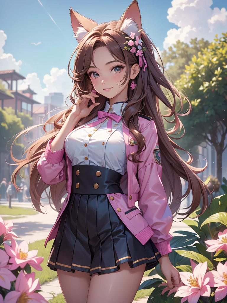 (best quality,4k,8k,highres,masterpiece:1.2),ultra-detailed,(realistic,photorealistic,photo-realistic:1.37),acrylic painting,beautiful Brazilian model in a uniform outfit with downy hair,beautiful Brazilian model with extremely colorful brown hair and detailed facial features,beautiful Brazilian model standing in a beautiful garden sakura flowers, long hair,cat ears, hair bows, uniform pink and teal outfits, smile, happy face