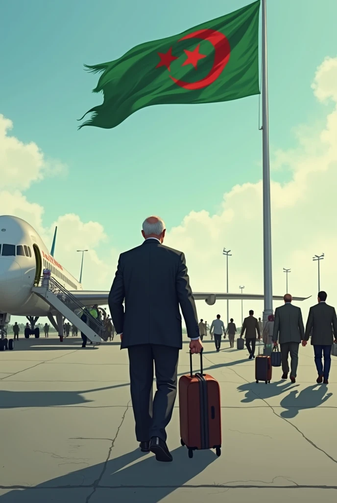 In Algerian come to the land of his ancestors by landing on the tarmac of the airport with the Algerian flag flying at the airport