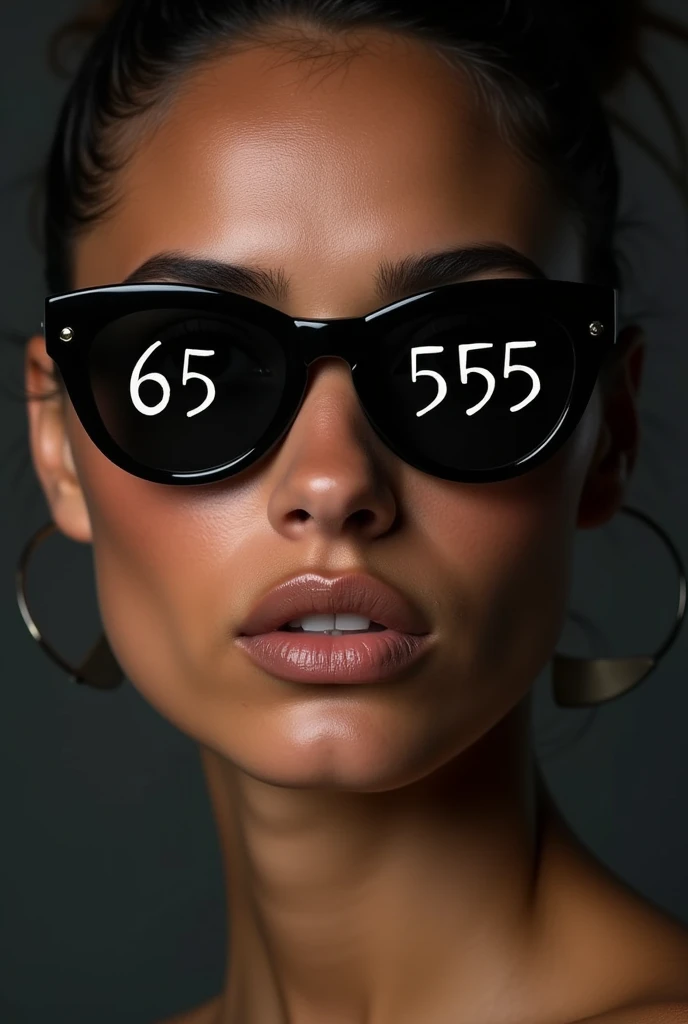 A Brazilian woman, WITH ALL BLACK GLASSES, ON ONE OF THE LENSES OF THE GLASSES THERE IS THE NUMBER 65, ON THE OTHER SIDE OF THE GLASSES THERE IS THE NUMBER 555