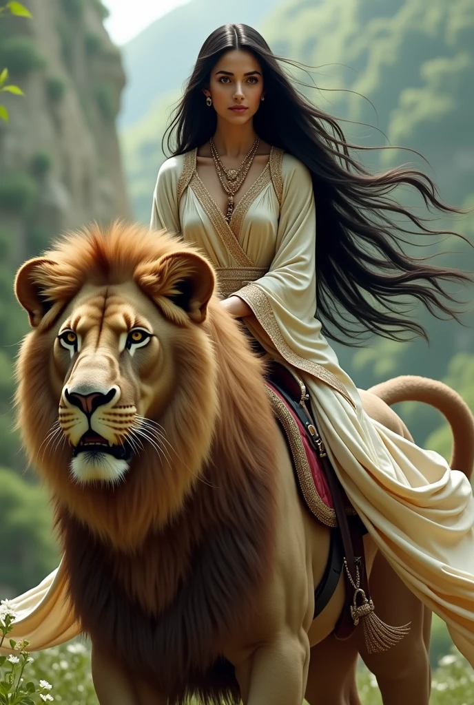 a beautiful iranian woman riding a lion. long black hair flows over her shoulders 