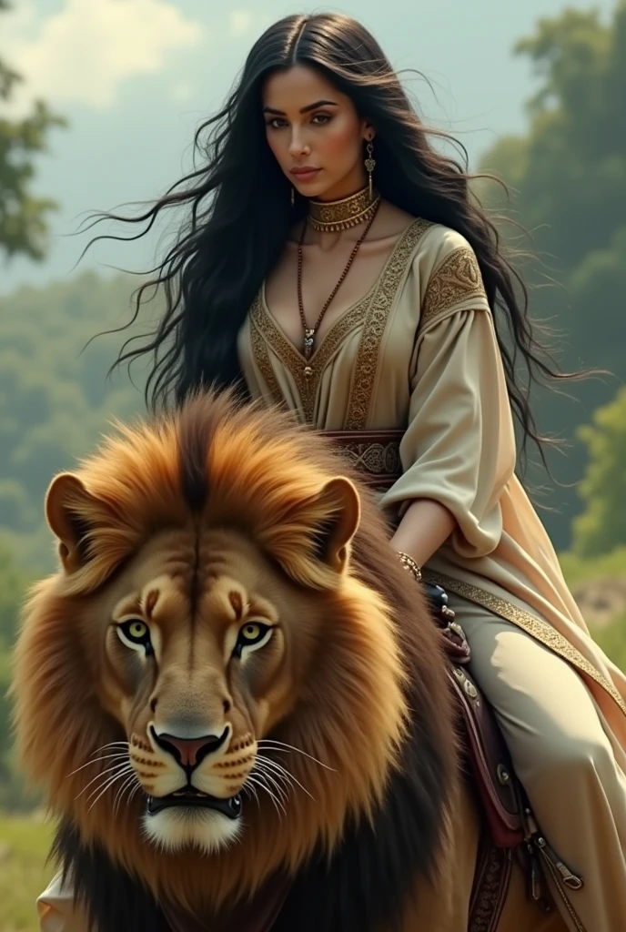 a beautiful iranian woman riding a lion. long black hair flows over her shoulders