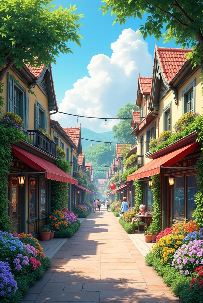 A beautiful street. There is a green belt full of pretty flowers.beatiful shops.