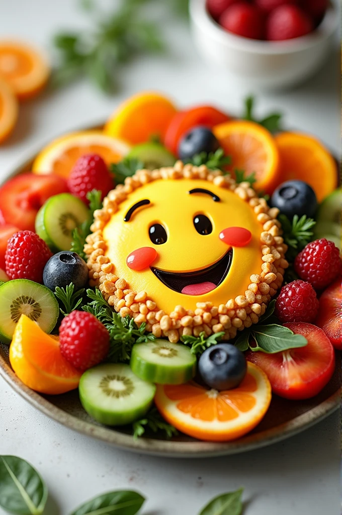 Happy face on plate of food with fruits