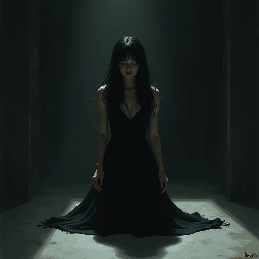 A girl in a black dress kneels on the ground in a dimly lit basement, Her long hair cascades over her shoulders, casting shadows on the ground around her.