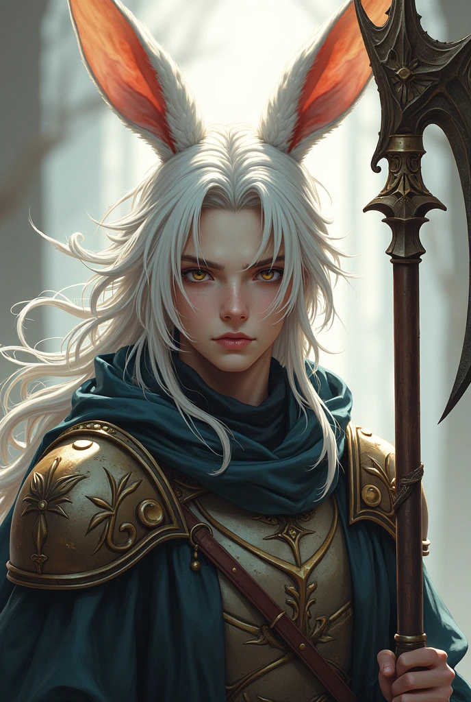 young guy, Beautiful face, long white hair, with white rabbit ears, with a big beautiful sickle, in ancient armor, Art, anime
