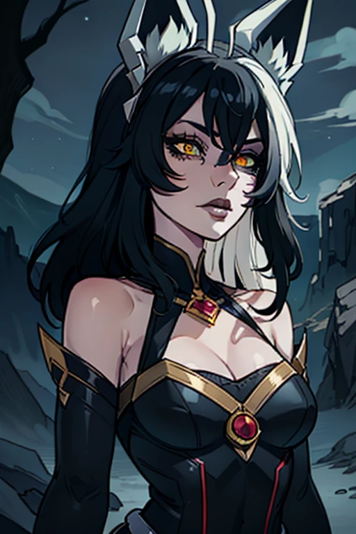 coven ahri, 1girl, dress, detached sleeves, multicolored hair, black hair with white big hair streaks, bangs, wavy black, wavy hair, animal ears, yellow eyes, very pale skin, dark purple makeup, black lipstick, in a dark ambient landscape setting with dark illumination, during night, master piece, best quality, award winning art, terrific, black hair with big white hair streaks, dark setting, coven, terrific, portrait, close up face, detailed