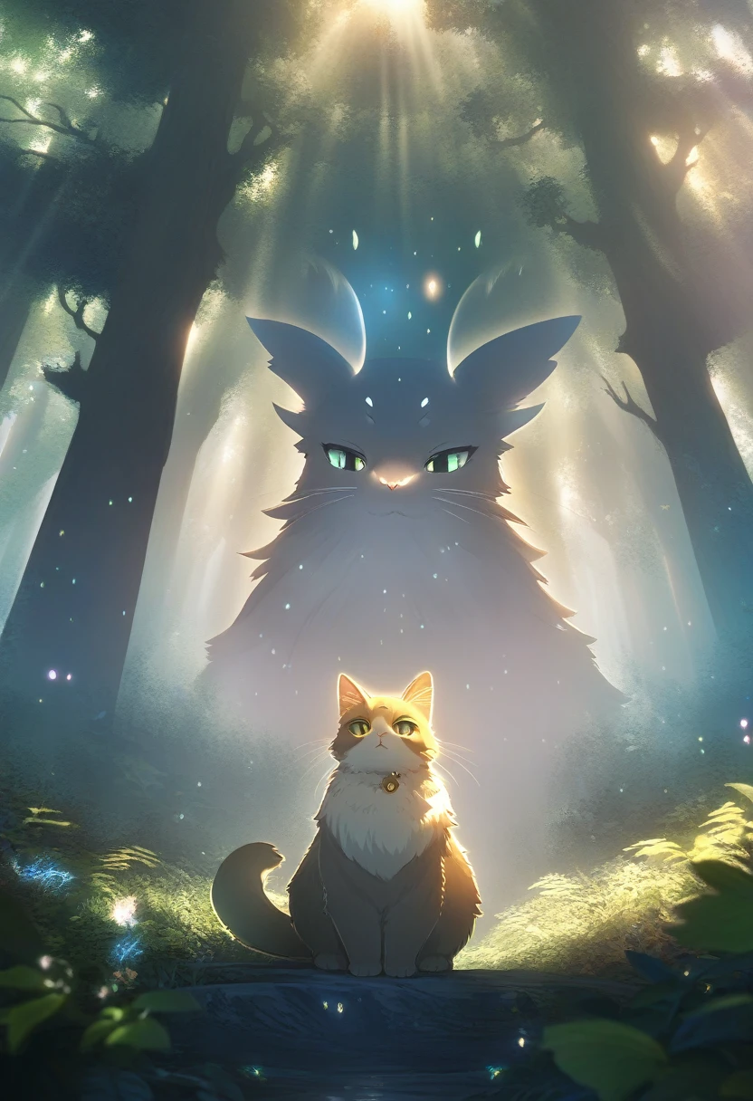 ((Masterpiece)), ((Best Quality)), (Very Detailed), ((Very Detailed)), 4K, (8K), very aesthetic, absurdres highres, 1 woman, (anthropomorphic cat, furry, kemono:1.5), In a deep forest shrouded in mist, a giant tree stretches toward the sky. At its base are scattered things that look like shining jewels. The cat king has a mysterious aura and radiates majesty as if he rules the forest. Around him, oddly shaped animals appeared in the sunlight filtering through the trees, and they looked at the cat king's eyes as if pleading for something. Green and golden light mix to create a fantastic world.