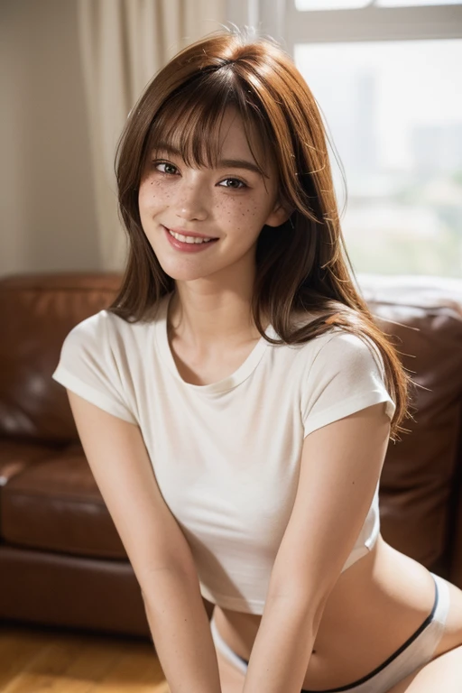 20 year old woman, european, dark auburn hair, freckles, best quality, a shirt, realistic skin texture, smiling, sitting on the floor, living room background, photography, detailed facial features, film grain texture and high contrast, extremely high-resolution details, photographic, photorealistic, hyper-realistic, HDR, masterpiece, short messy hair, Dimples, bangs