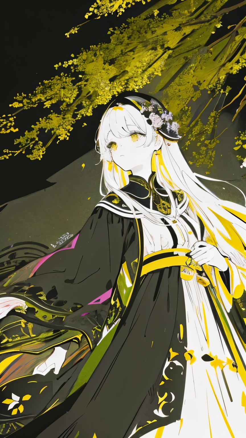 teacher、limited palette、colourfull、landscapes、Woman in wedding dress、the woods、natta、black flowers、black leaves、Detailed background、masterpiece、top-quality、