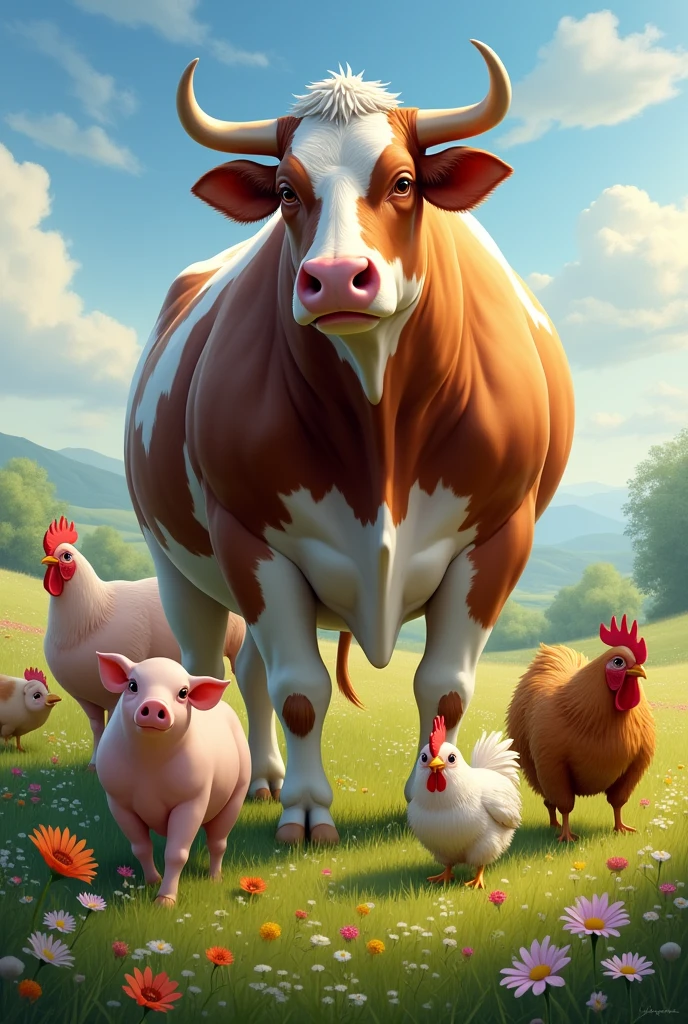 Realistic imposing cow with pigs, chickens and hens in meadow
