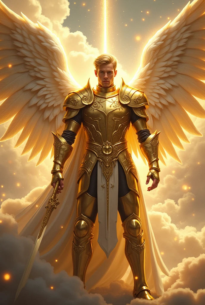 of a celestial knight with golden armor and long sword, with angel wings: