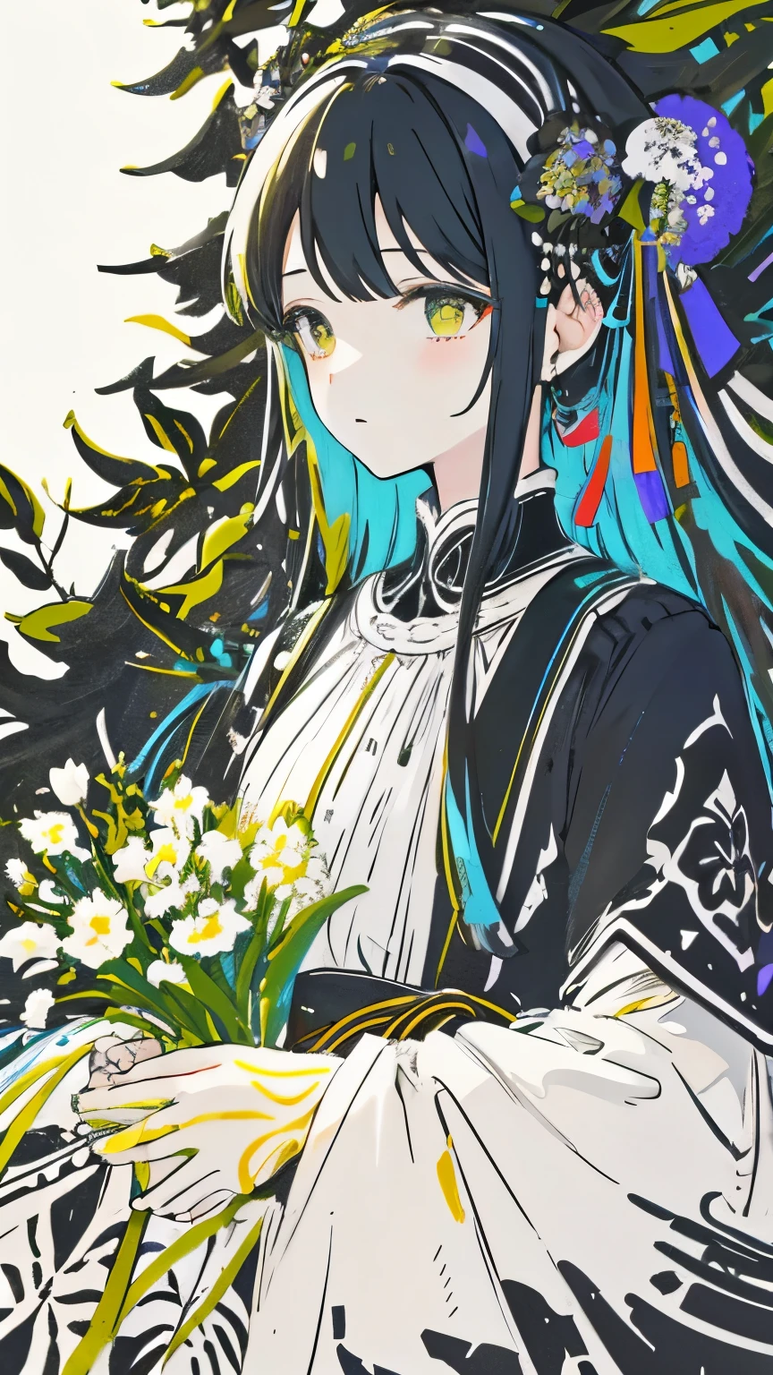 teacher、limited palette、colourfull、landscapes、Woman in wedding dress、the woods、natta、black flowers、black leaves、Detailed background、​masterpiece、top-quality、