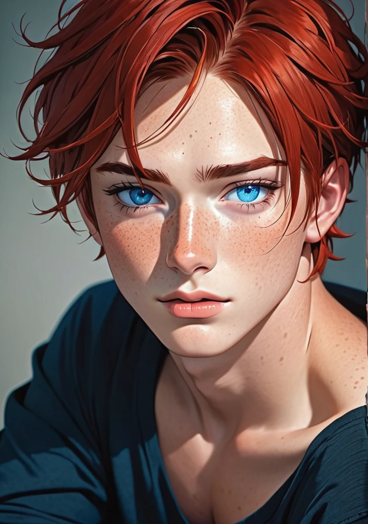 Boy, beautiful, red hair, Blue eyes, freckles seductive 