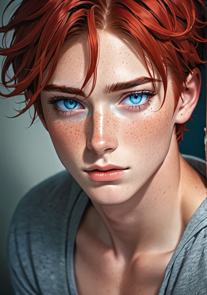 Boy, beautiful, red hair, Blue eyes, freckles seductive 