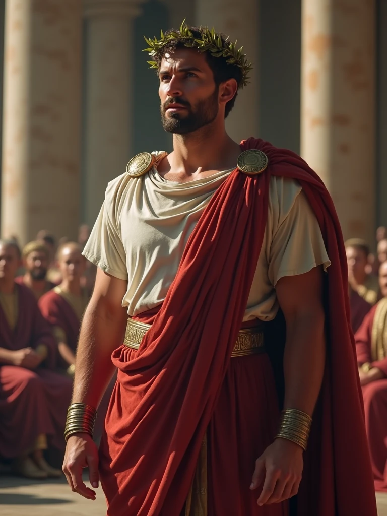 Julius Caesar, standing in the Roman Senate, with a defiant and authoritative expression, ancient Roman era, in a toga and laurel crown, inside the grand hall of the Roman Senate, Caesar addressing the senators with conviction, the imposing marble columns and seated senators are seen in the background, medium shot, hyper-realistic, photo realism, cinematography -- ar 9:16