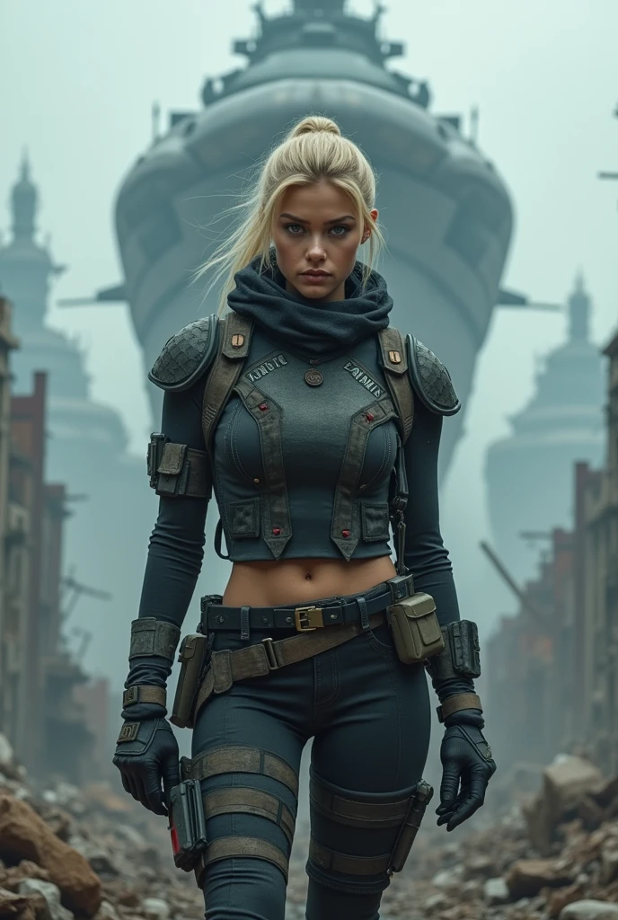 Lethal blonde in post-apocalyptic attire. City in ruins background, in shades of grey and blue. Armada