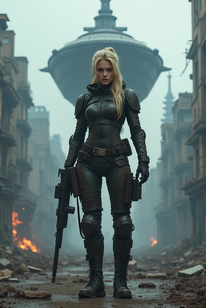 Lethal blonde in post-apocalyptic attire. City in ruins background, in shades of grey and blue. Armada