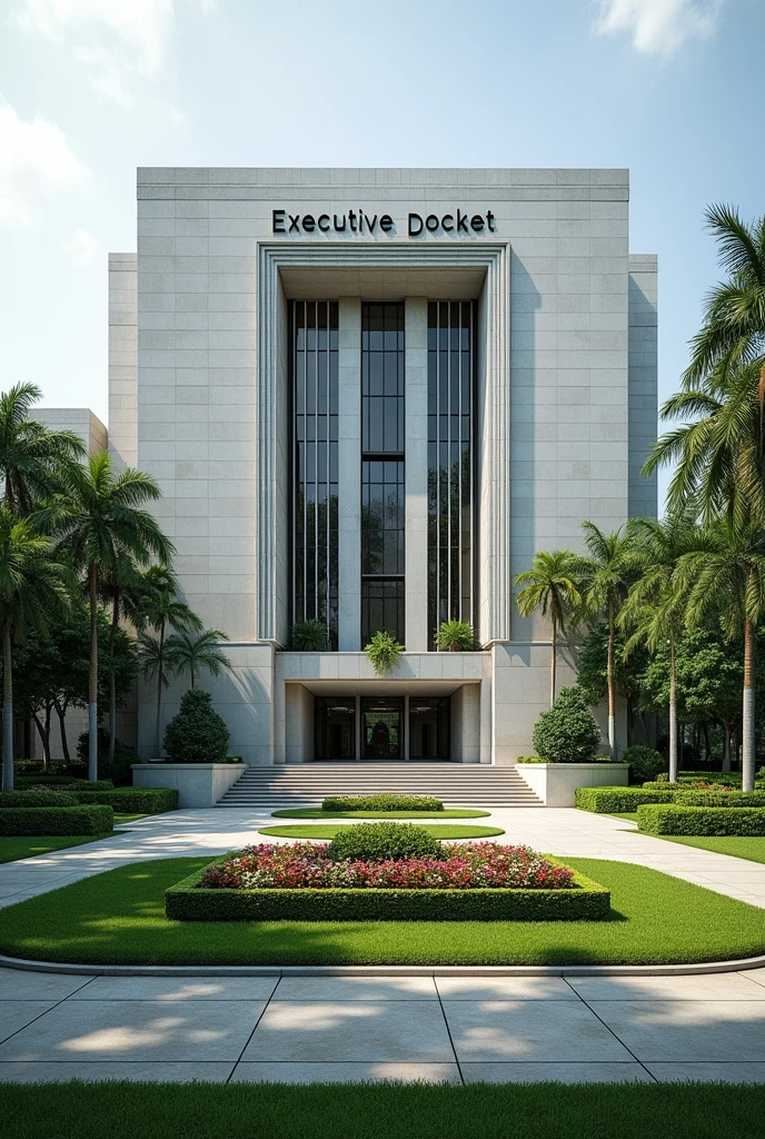 Create a very big headquarters with Singaporean architecture.The words EXECUTIVE DOCKET exposed the compound has a driveway grass and flowers neatly organized no trees I can't see the words Executive Docket on the concrete I want to see the words I want to see the words
