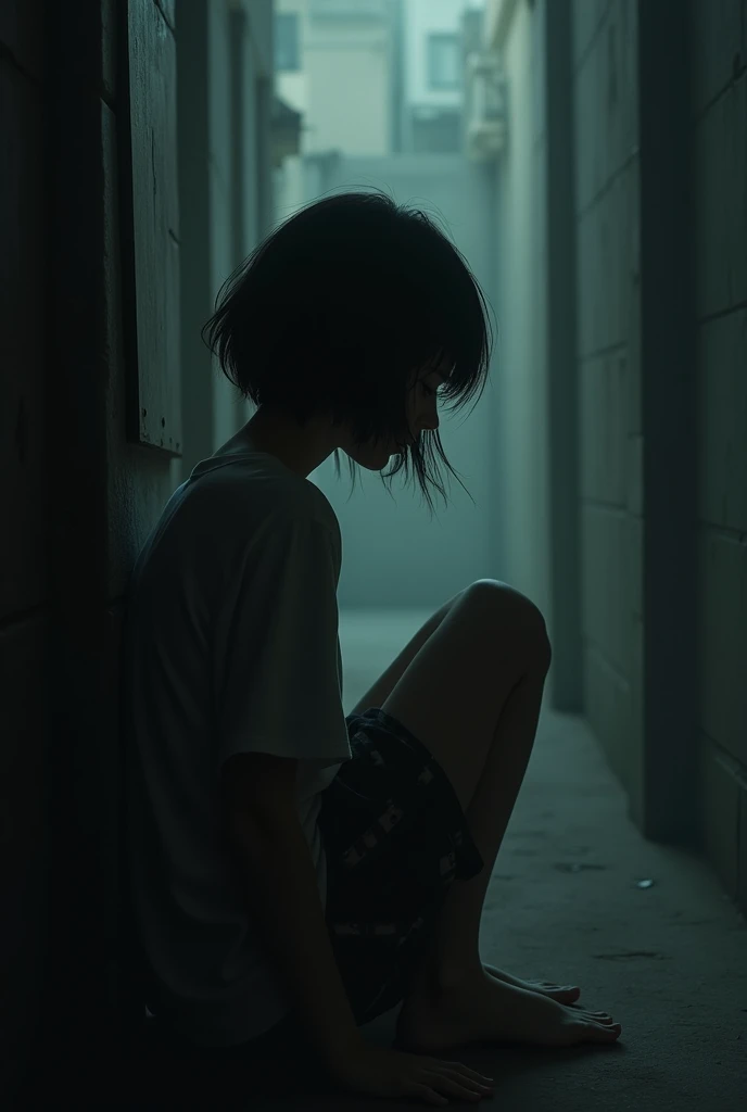 A girl sitting in the dark with her back turned, has short hair, She is Uruguayan, realist, his face is blurry
