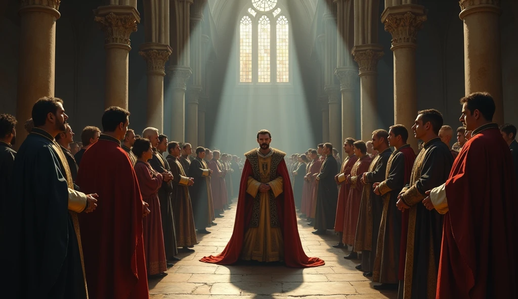 A cinematic and evocative painting in the style of Edmund Blair Leighton, capturing the coronation of Philip VI of Valois, shrouded in an atmosphere of tension and uncertainty. The scene is set in a grand, dimly lit cathedral with towering Gothic arches that cast long, ominous shadows across the stone floor. Philip VI stands at the center, robed in regal but heavy attire, as the crown is placed upon his head. His expression is a mix of pride and deep concern, his eyes betraying the weight of a throne contested by rival claimants. Surrounding him are courtiers, bishops, and nobles, their faces a blend of skepticism, anxiety, and hidden agendas, reflecting the fragile nature of his claim. The background features the faint outlines of rival banners, subtly hinting at the looming conflict. The lighting is dramatic, with beams of light filtering through stained glass windows, illuminating Philip while the rest of the room is cloaked in deep, foreboding shadows, emphasizing the uncertainty o, Surrealism, Hyperrealism, UHD, retina, masterpiece, accurate, anatomically correct, textured skin, super detail, best quality, 16k