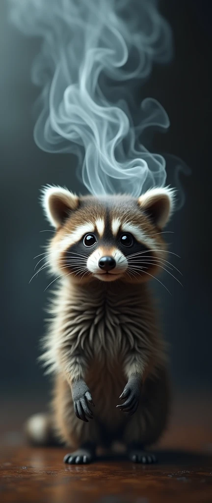 A captivating photograph of a cute extra fluffy realistic raccoon smoke of a cuban cigarette forming a racoon, conceptual art, 3d render