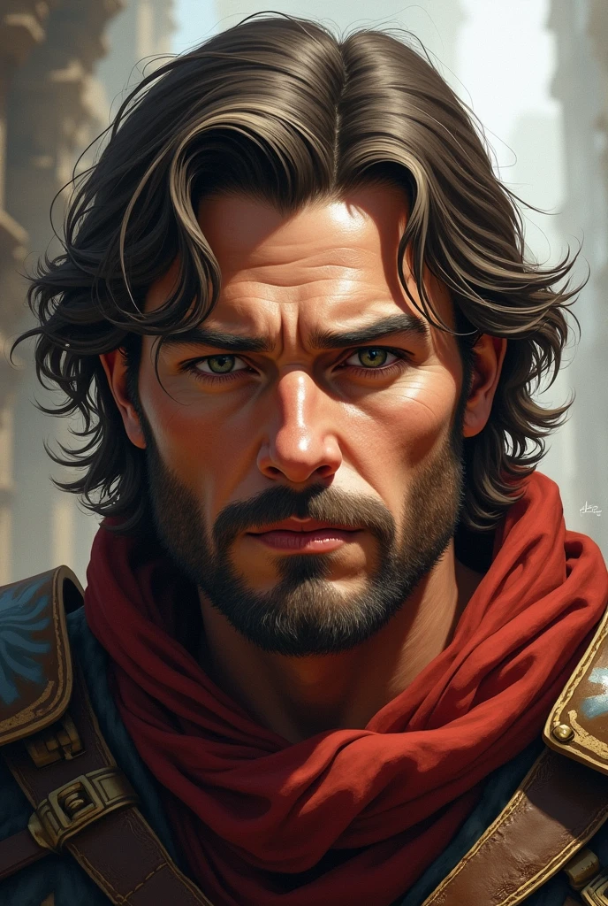 Illustrate the face of actor Kurt Russell as a young 20-year-old, like a Dungeons and Dragons warrior, with medieval armor, thin and smiling beard. 8k,detail the face of young Kurt Russell. RPG, realisitic, detailded, swaggering gaze.
