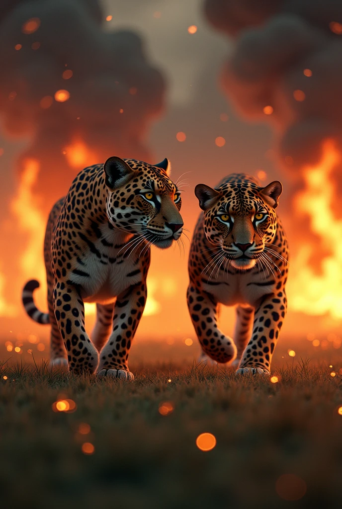 Jaguars watching a burning football field