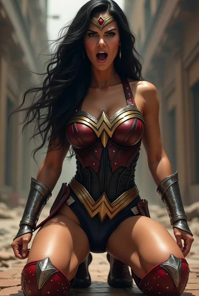 (((Midjourney A beautiful American woman with light eyes and long black hair))),(((On my knees screaming))),(((Wearing a black leather jumpsuit with tiny scales))),((((Red boots and white stripe in the middle))),(((Long silver-colored metal bracelets fitted to your wrists))),(((Black corset with golden eagle on the bust))),(((wonder woman))),(((Silver metal diaema with a red star on its front))),(((Suit with lots of tiny little stars))),(((Woman of thick build with muscles in her arms and legs))),(((fitness woman)))