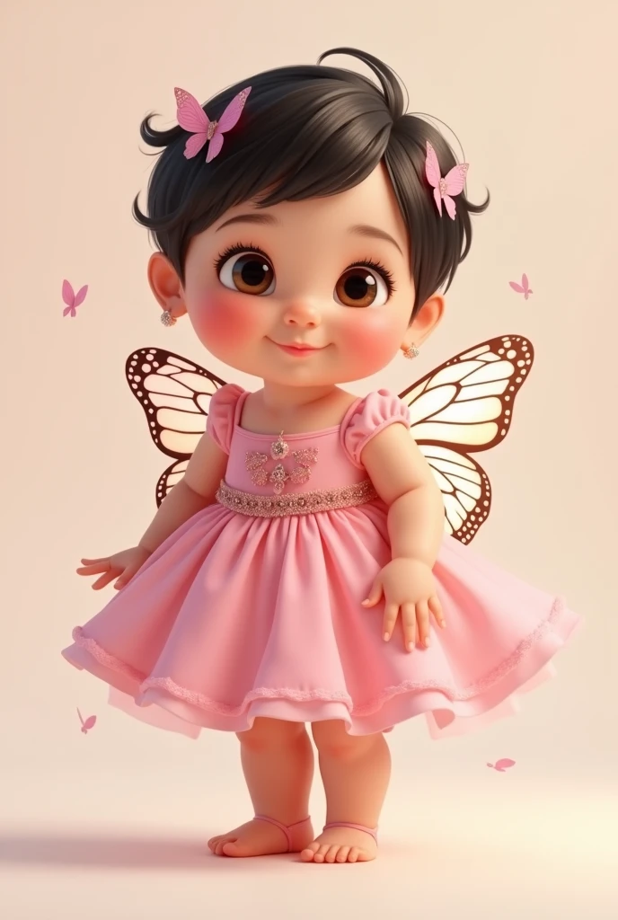 Brown eyed baby, dark hair bald, medium fair skin, wearing pink princess dress with butterfly details, Pixar-style, one year old, with butterfly wings, chubby, fundo png