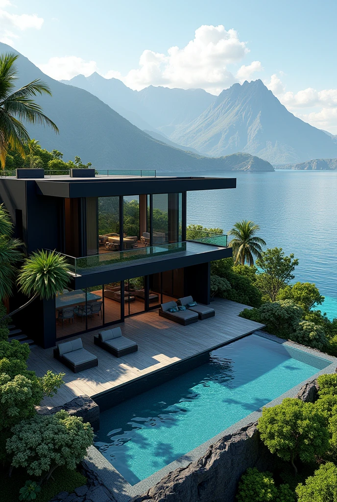 Paradise black mansion with pool with mountain and ocean