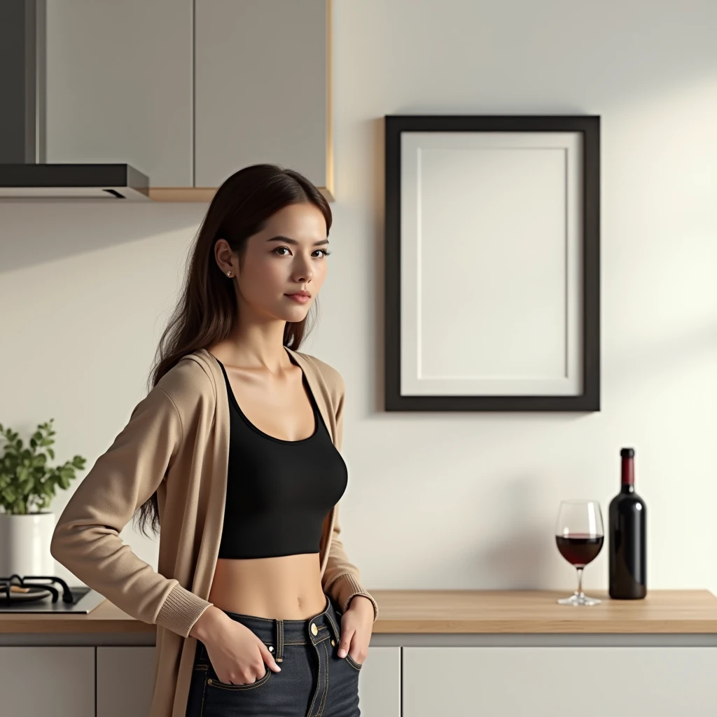 A young, attractive woman with long brown hair, wearing a casual black crop top and an open beige cardigan, stands confidently to the side in a modern kitchen. The kitchen has a minimalist design with clean lines, featuring light-colored cabinets and a smooth countertop. A thin, black wooden frame with a DIN A aspect ratio hangs on the wall beside her, showcasing a blank canvas that harmonizes with the environment. The frame is sharply in focus, without any obstructions like bottles or glasses, emphasizing its elegant simplicity. On the countertop, placed away from the frame, there’s a bottle of red wine and a glass half-filled with wine. The atmosphere is sophisticated yet relaxed, with soft lighting highlighting every detail in the scene