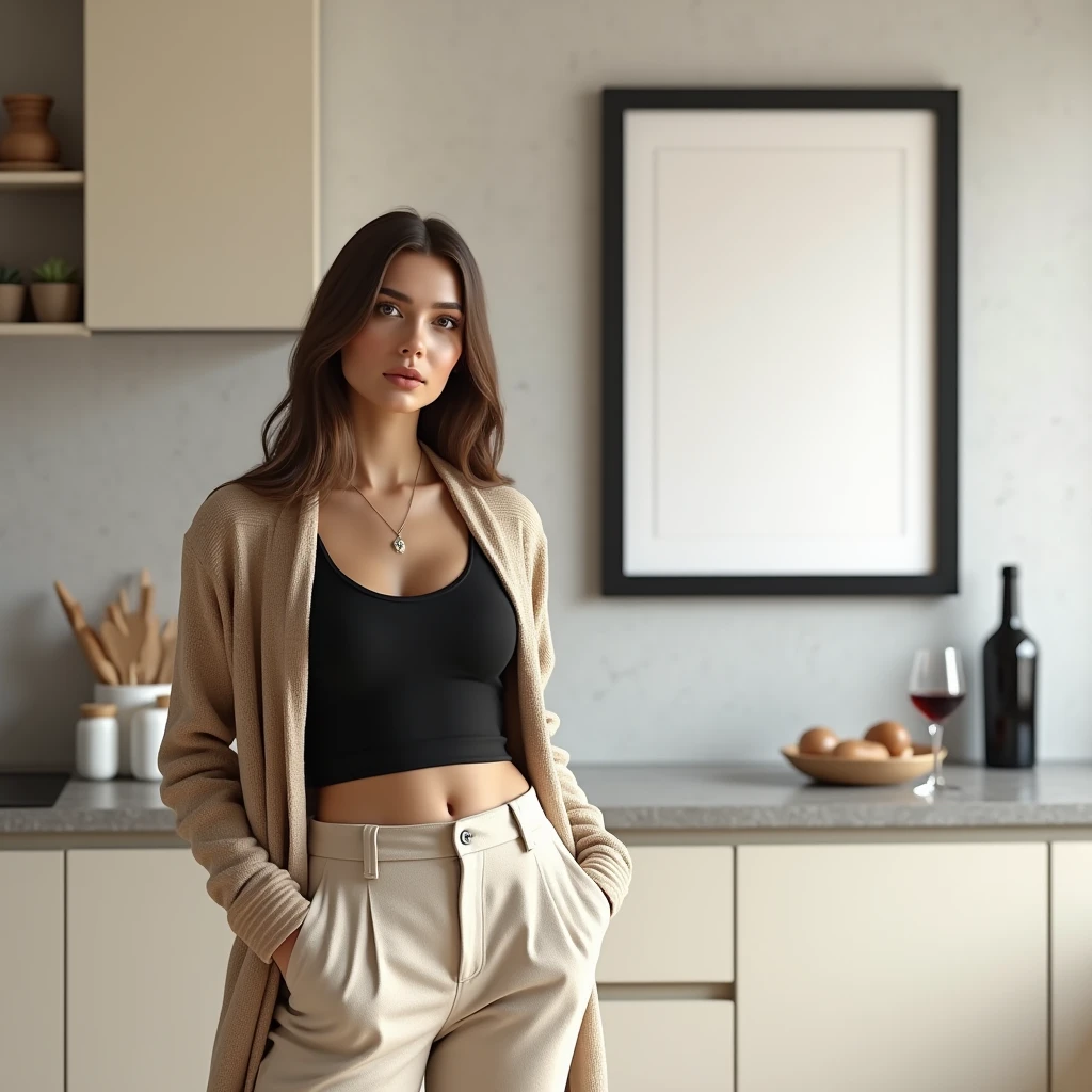 A young, attractive woman with long brown hair, wearing a casual black crop top and an open beige cardigan, stands confidently to the side in a modern kitchen. The kitchen has a minimalist design with clean lines, featuring light-colored cabinets and a smooth countertop. A thin, black wooden frame with a DIN A aspect ratio hangs on the wall beside her, showcasing a blank canvas that harmonizes with the environment. The frame is sharply in focus, without any obstructions like bottles or glasses, emphasizing its elegant simplicity. On the countertop, placed away from the frame, there’s a bottle of red wine and a glass half-filled with wine. The atmosphere is sophisticated yet relaxed, with soft lighting highlighting every detail in the scene