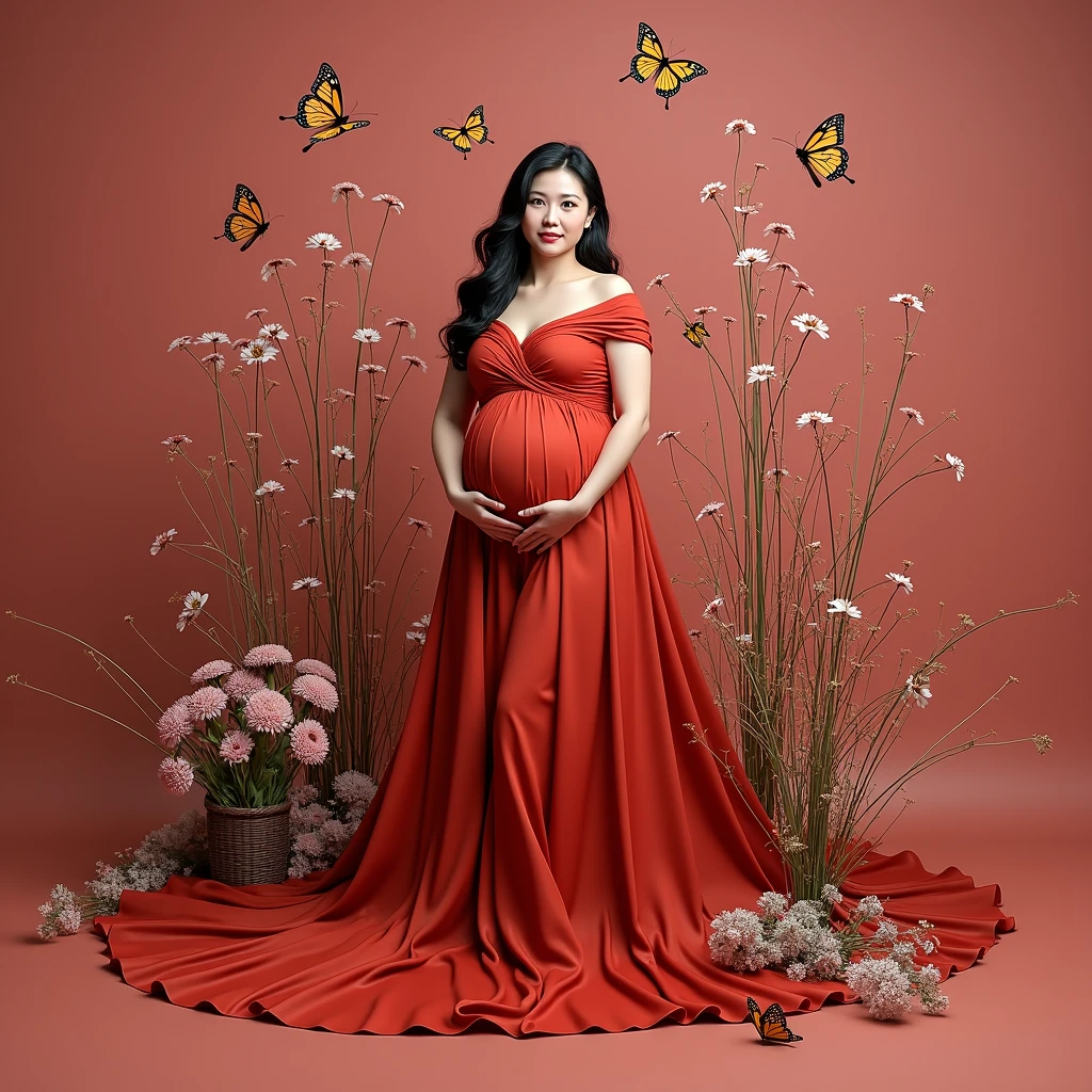 pregnant woman in red dress surrounded by butterflies and flowers, a digital rendering inspired by Tang Yifen, shutterstock contest winner, conceptual art, maternal photography 4 k, full body portrait shot, award winning studio photo, full body photograph, full body portrait, color studio portrait, whole body photography, woman in flowers, portrait photo of a backdrop, korean artist