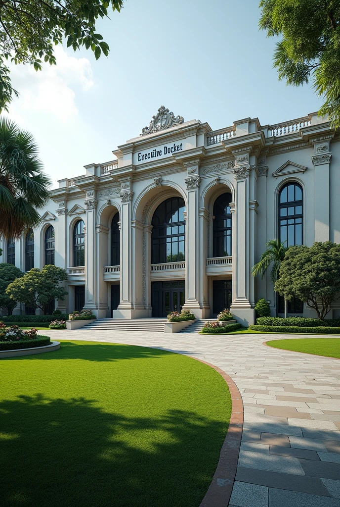 Create a very big headquarters with Singaporean architecture.The words EXECUTIVE DOCKET exposed the compound has a driveway grass and flowers neatly organized no trees I can't see the words Executive Docket on the concrete I want to see the words I want to see the words