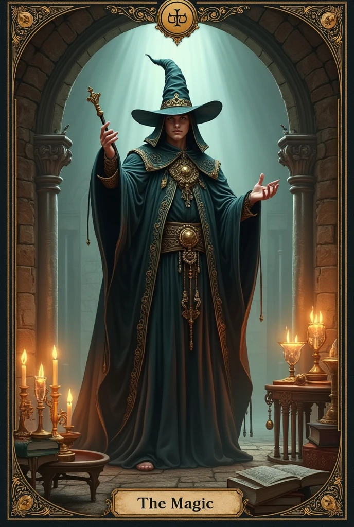 Create the magician tarot card with the name underneath with a medieval setting
