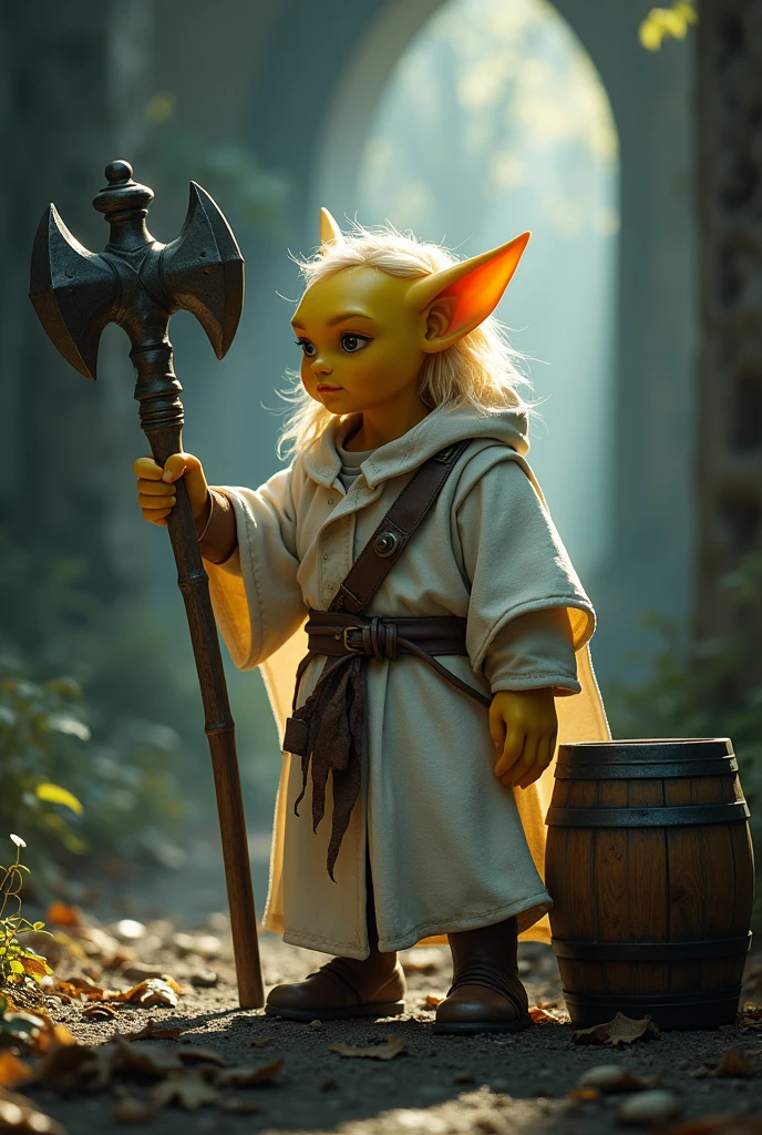 (Realystic:1.4), analog photo style, depths of field, (a blond-haired adult Pixie with yellow skin holding a mace. He is prepared for battle in a white cleric’s tunic. He has a wooden keg of beer next to him, dark fantasy atmosphere, deep shadows with the some sun rays, a delicate balance between reality and fantastic, faded colours, great quality, Masterpiece, most detailed blurred surreal background, naturally cinematic light, 16k quality, kodak porta 400, bokeh.