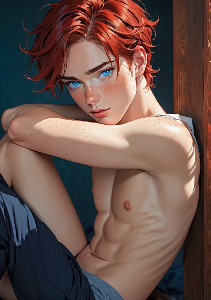 Boy, beautiful, red hair, Blue eyes, freckles seductive 