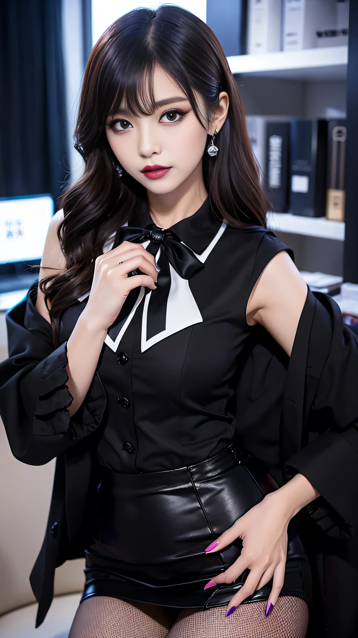 best quality、ultra-detailed、4k、Japanese、Seductive beauty、seductive adult woman、Pretty Woman、cool girl、Villainess、Fallen into evil、smirk、Evil look、Wicked Smile、evil、Brown hair、wavy hair、swept bangs、brainwash makeup、dark makeup、piercing eyes、hollow eyes,half-closed eyes、Hollow Eyes、purple Eyeshadow、black lipstick、black lipglos、office staff suit、suit、Jacket、Black sleeves、White Shirt、Black Ribbon、Tight Skirt、bezyu pantyhose、bezyu stocking、night、inside darkroom、Are standing、shoot from below、Have lipstick、Emblem of Evil、Crest of Darkness、Swear allegiance、I have pledged my allegiance、Dye black、Blackening、Stained with evil、Dyed in darkness、Seduce、penis