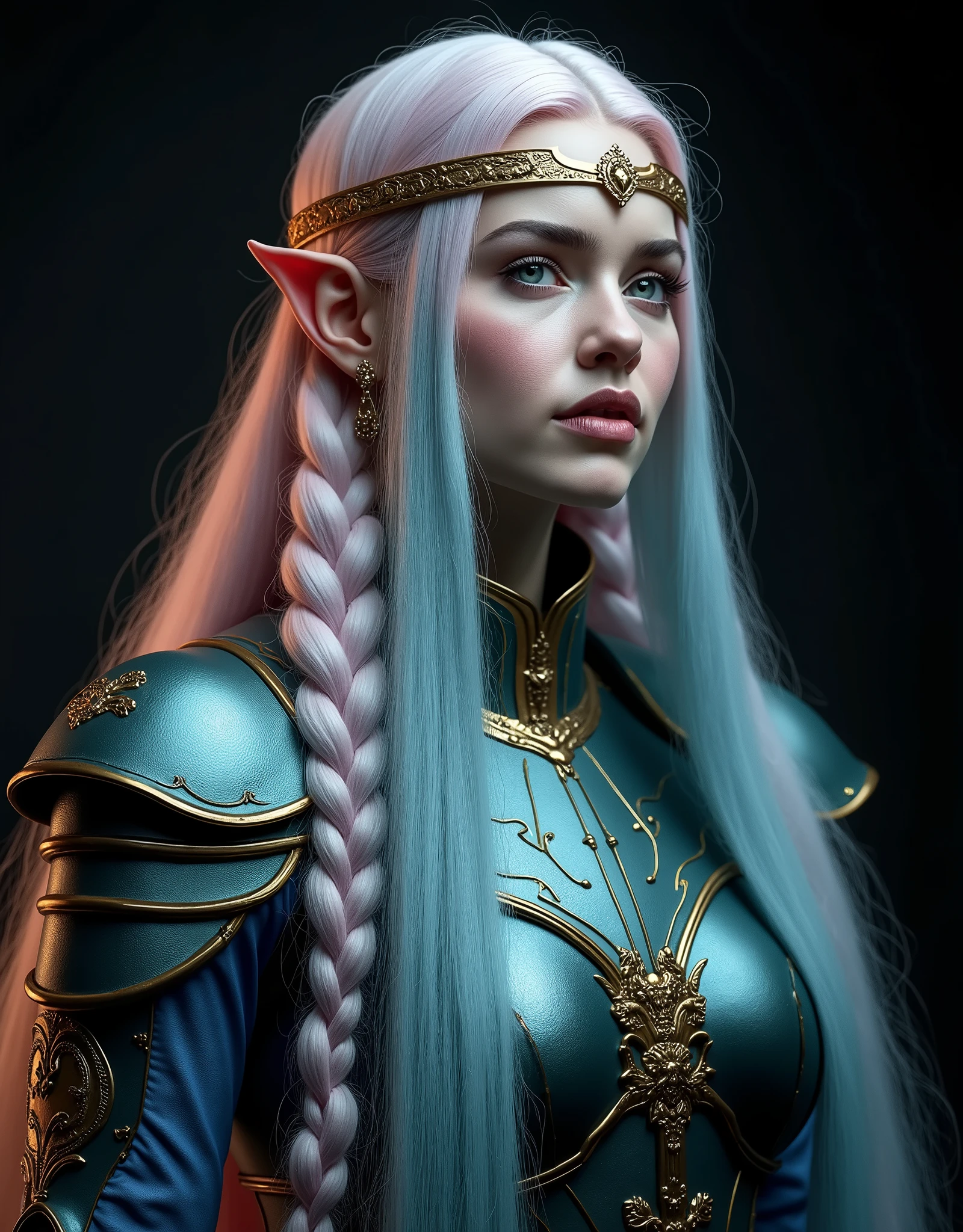 GORGEOUS VALKYRIE , WARRIOR WOMAN, BUST IMAGE STYLE, STUDIO IMAGE STYLE, BLACK INFINITE BACKGROUND, DIFFUSED LIGHTS ON FACE, BACK LIGHTS ON HAIR, LUMINOUS PINK BLUE HAIR, CLOSE FACE SHOT, HUGE LONG HAIR, HUGE STRAIGHT LONG HAIR, BRAID HAIR STYLE, PLATINUM EYEBROWS, VERY PALE SKIN, LUMINOUS SKIN, FEMALE FAIRY, TOLKIEN MITHOLOGY, EXPOSED LONG TIP EARS, HIGH CHEEKBONES, ROSY CHEEKS, GORGEOUS LIPS, SOFT LIPSTICK, GORGEOUS CURVY BODY, SOFT MUSCLES, VOLUMOUS BREASTS, BLUE GREEN ARMOUR, FULL BODY ARMOUS, FLAT BOOTS, NECK CLEAVAGE, LONG BRACELETS, GOLD DETAILS, GOLDEN HEADBAND , ENIGMATIC FACE EXPRESSION, SIDE FACE VIEW, EYES LOOKING UP, TOLKIEN MITHOLOGY, HIGH QUALITY IMAGE, MASTERPIECE, 8K